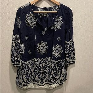 Roots Canada Navy and White Printed Women's Tunic cinch collar silk cotton